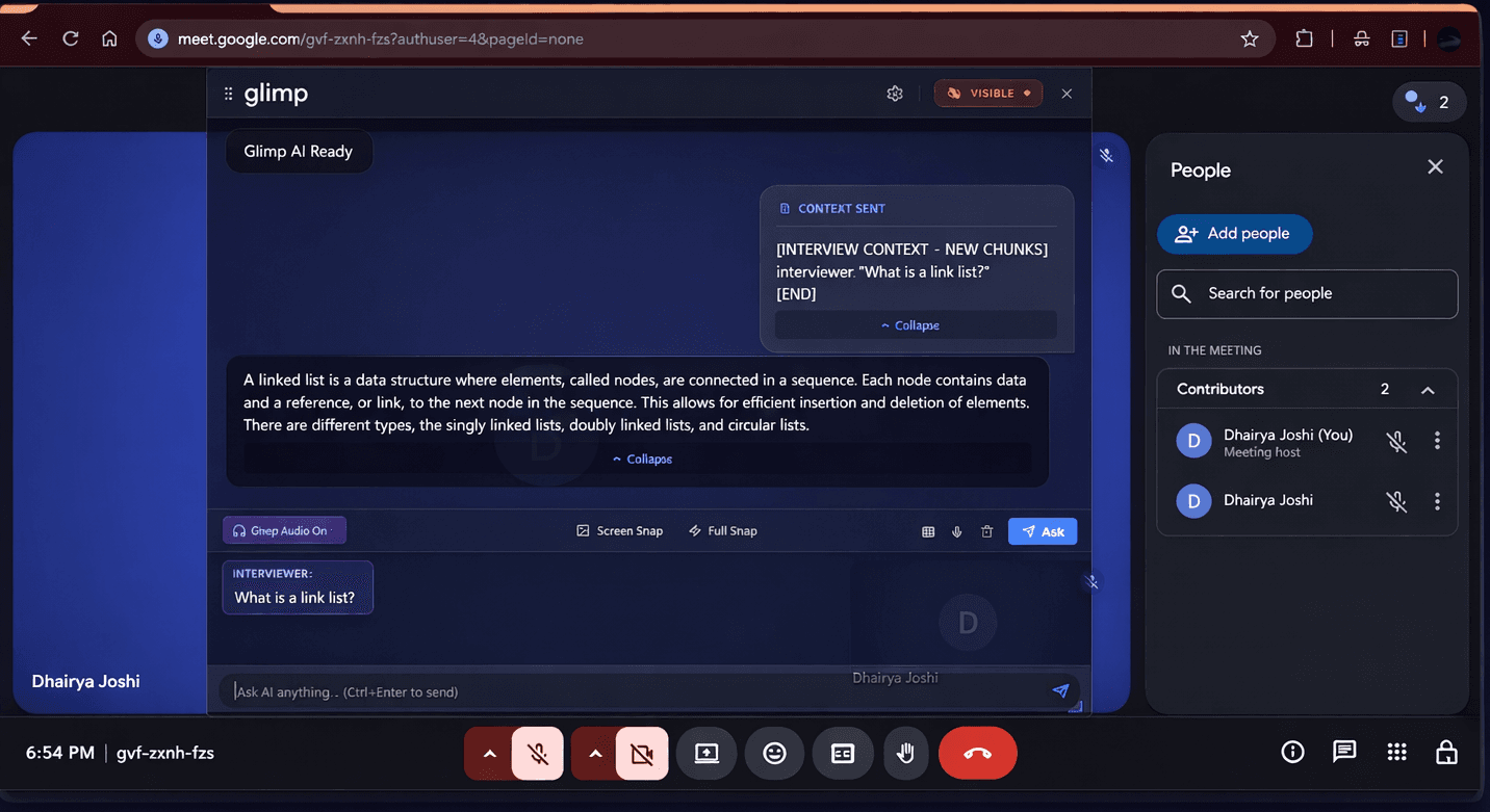 Glimp providing real-time AI assistance during a Google Meet interview